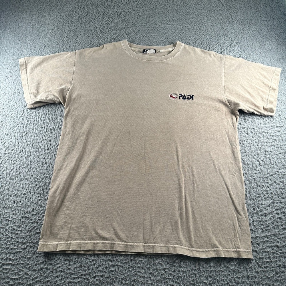Vtg PADI Sportswear T-Shirt Mens L Tan 90's Embroidered Logo Tee Surfer